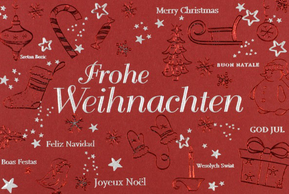 Weihnachtskarte dunkelrot Frohe Weihnachten mit verschiedenen weihnachtlichen Symbolen