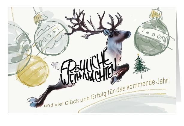 Firmen-Spendenweihnachtskarte mit springendem Hirsch und Christbaumkugeln sowie gutem Zweck: Ärzte ohne Grenzen