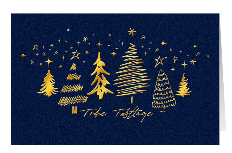 Exklusive Weihnachtskarte "Frohe Festtage" mit Goldfolienprägung von Sternen und Weihnachtsbäumen