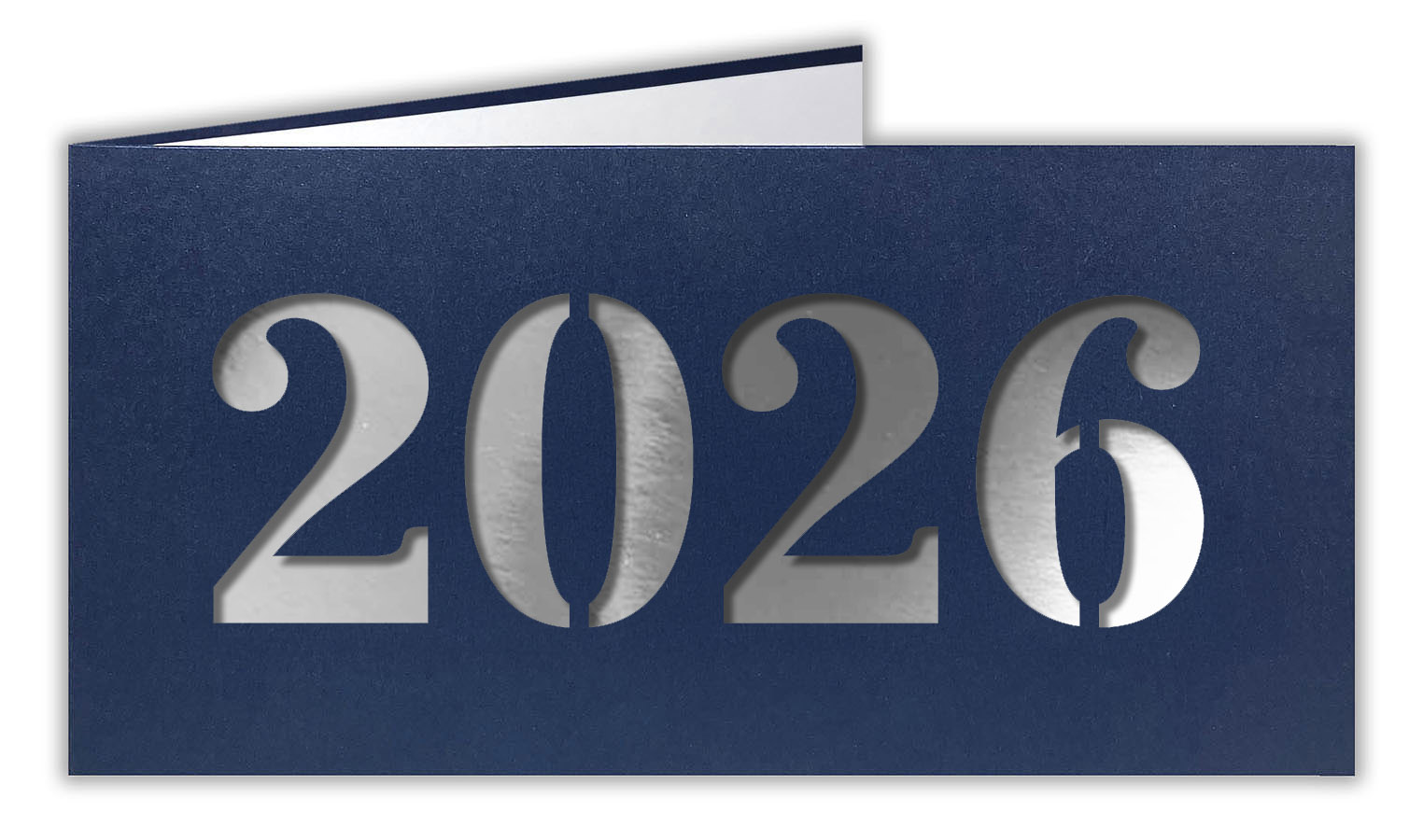 Dunkelblaue Neujahrskarte metallic mit Laserstanzung 2026 und silbernem Einlegeblatt
