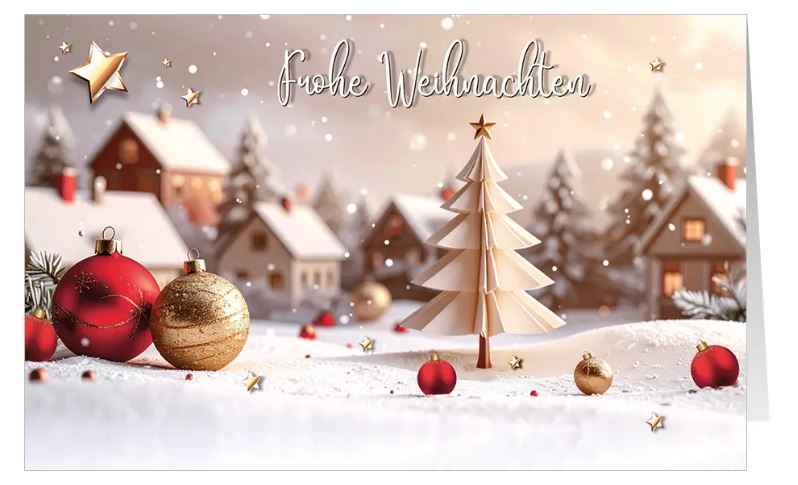 Zauberhafte Weihnachtskarte im winterlichen Design "Dorfweihnacht" mit Weihnachtskugeln und Baum im Origami-Stil