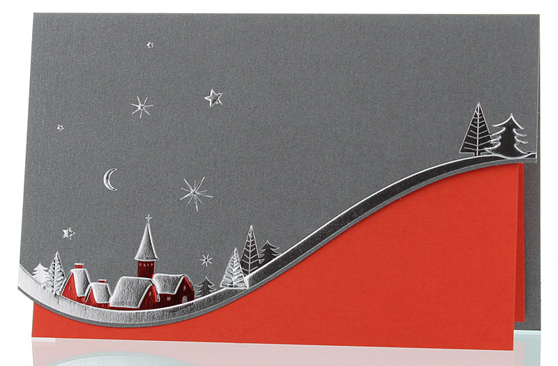 Weihnachtskarte anthrazit/rot mit kleinem Dorf Konturstanzung