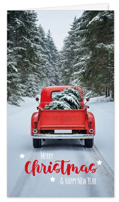 Winterliche Kompakt-Weihnachts-Klappkarte „Roter Weihnachts-Pickup“ mit englischsprachigem Weihnachtsgruß