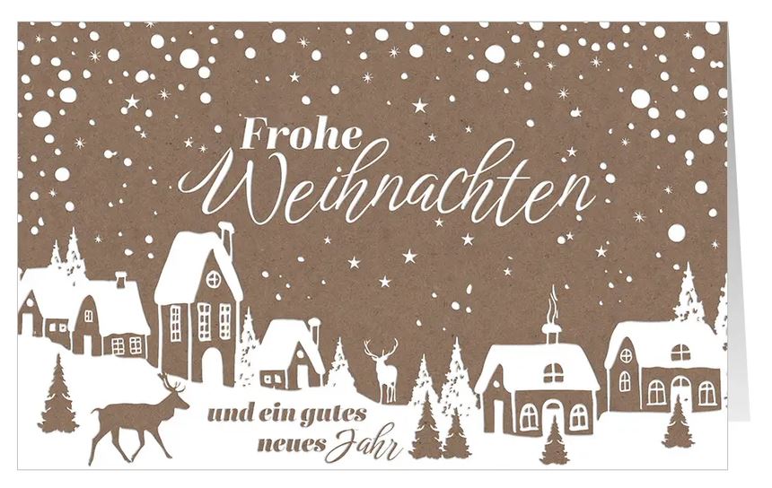 Rustikale Weihnachtskarte "Winteridylle" im winterlichen Design mit Hirschen zwischen schneebedeckten Häusern