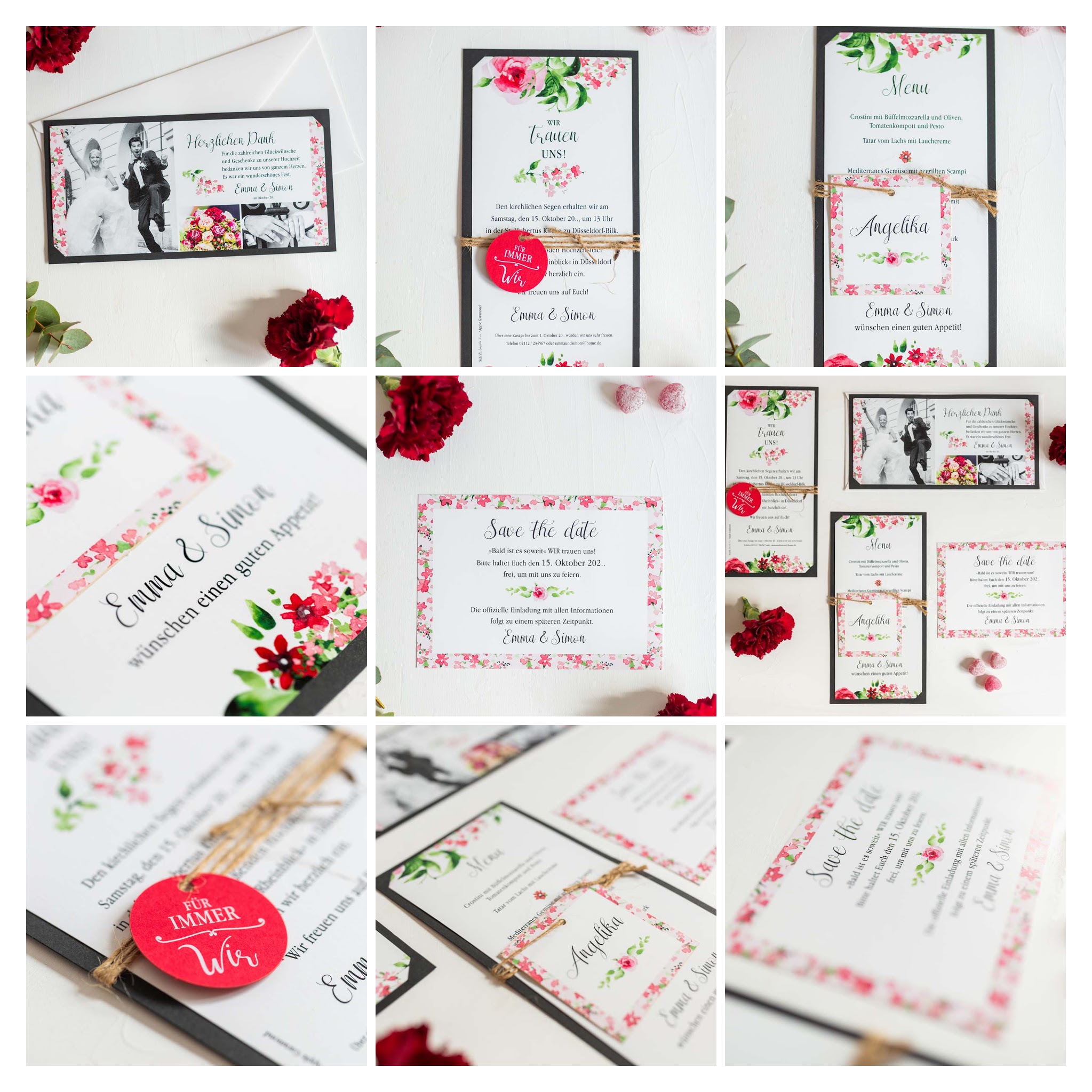 Fotocollage - Romantisches Einladungskarten-Set mit Blumenaquarell in zartem rosa, rot und grün