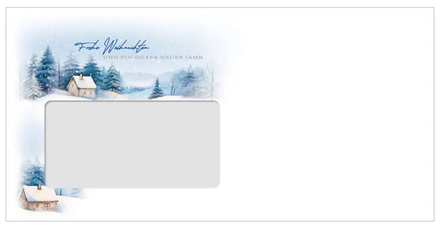 Weihnachts-Briefumschlag mit Fenster, haftklebend, DIN lang "Haus im Schnee mit blauen Tannen" und Gruß