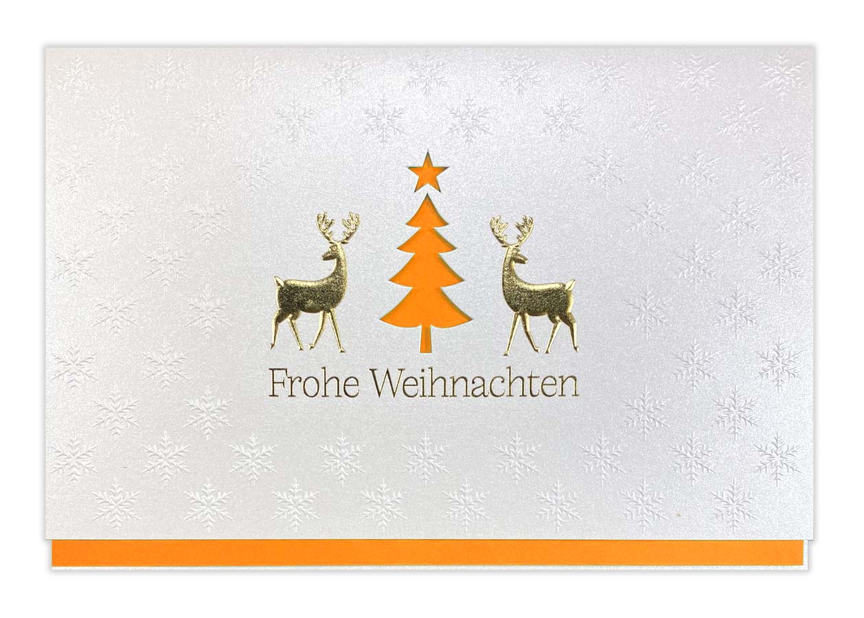 Perlmuttfarbene Weihnachtskarte mit Formstanzung und Prägung inkl. Einleger in orange