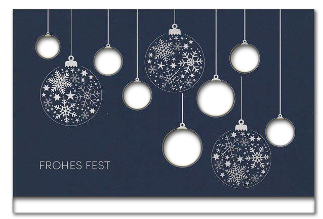 Elegante Weihnachtskarte in Blau mit silbergeprägten Weihnachtskugeln und "Frohes Fest", Einleger weiß