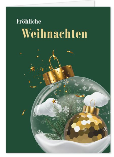 Stimmungsvolle Weihnachtskarte in dunkelgrün mit Schneekugel und Gruß "Frohe Weihnachten"