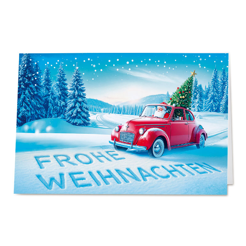 Lustige Weihnachtskarte mit Weihnachtsmann und Tannenbaum im roten Oldtimer sowie Gruß "Frohe Weihnachten"