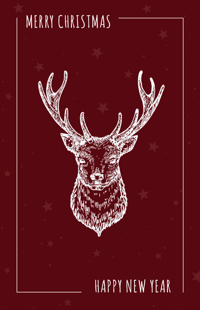 Moderne Weihnachtskarte in Bordeauxrot „Christmas Deer“ mit Hirsch und dezentem Sternenhintergrund sowie englischsprachigem Gruß