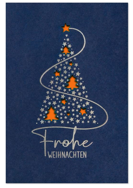Blaue Weihnachtskarte mit Silberprägung und Stanzung sowie gutem Zweck: Kinderkrebshilfe, Einleger orange
