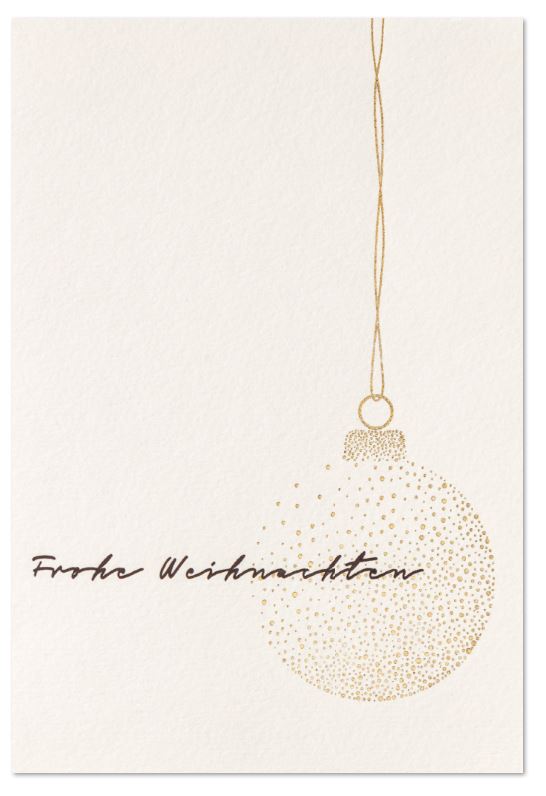 Modern-elegante Weihnachtskarte "Kugelzauber in gold" in cremeweiß mit Weihnachtsgruß und hängender Weihnachtskugel