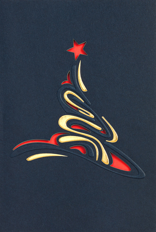 Weihnachtskarte nachtblau mit abstraktem Weihnachtsbaum rot