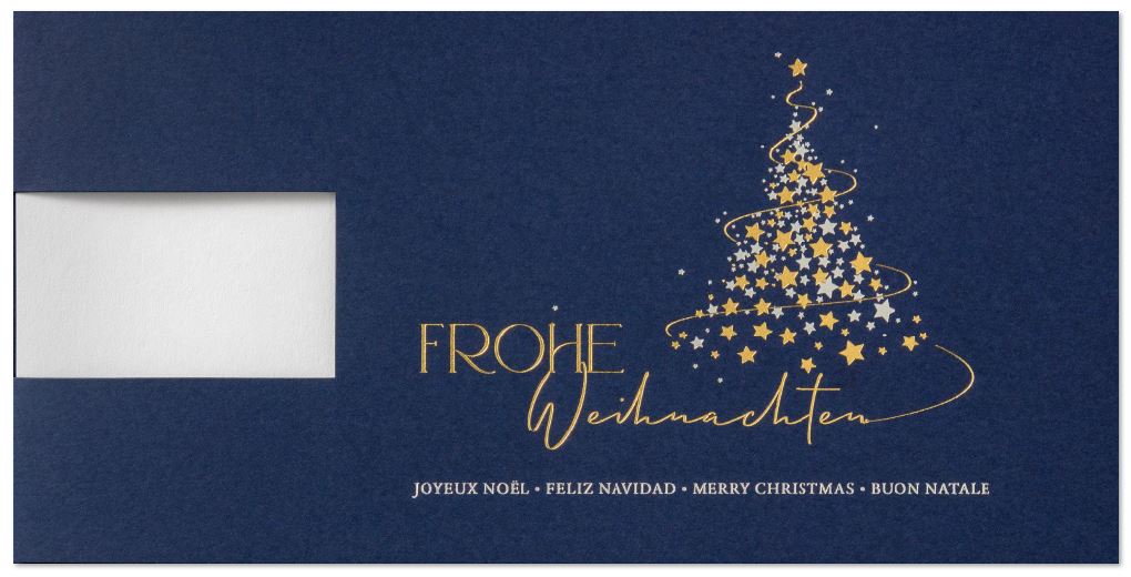 Internationale Logo-Weihnachtskarte in blau für Firmen mit Fensterstanzung und internationalen Grüßen, DIN lang