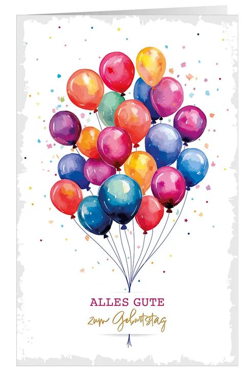 Farbenfrohe Spendenglückwunschkarte "Höhenflug" mit einem Strauß bunter Luftballons für Ärzte ohne Grenzen