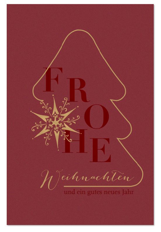 Rote Weihnachtskarte mit ornamentverziertem Stern und "Frohe Weihnachten" inkl. Falteinleger innen