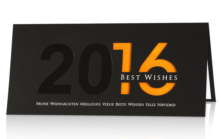Festtagskarte schwarz mit Jahreszahl 2016 - Einleger orange