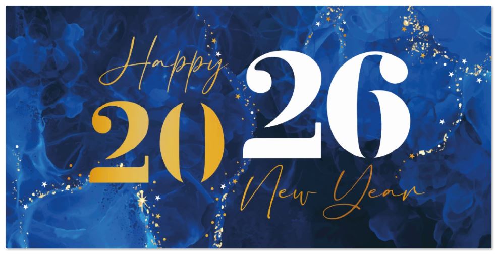 Neujahrskarte "Blue Night" DIN lang mit Jahreszahl 2026 und Happy New Year