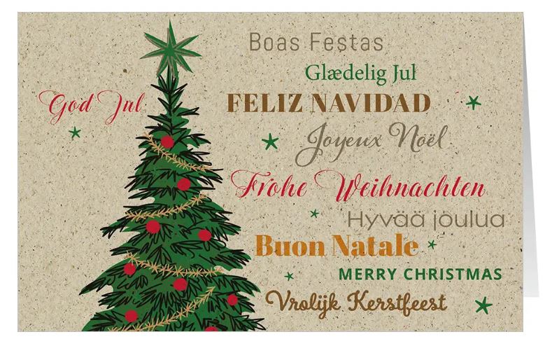 Internationale Weihnachtskarte "Feliz Navidad" aus umweltfreundlichem Graspapierkarton mit geschmücktem Tannenbaum