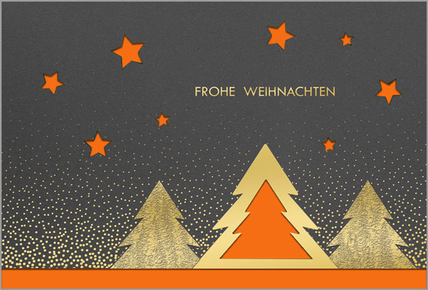 Graue Weihnachtsgrußkarte mit Formstanzung von Tannen und Sternen, Goldprägung und Einleger in orange