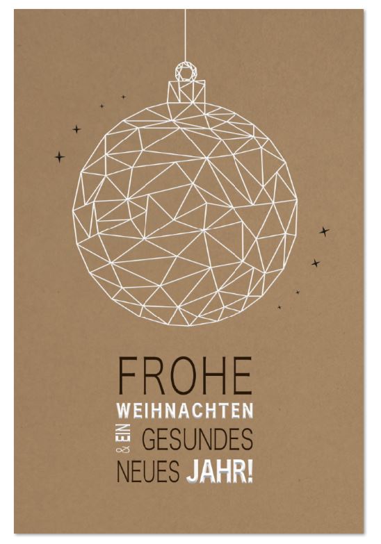 Naturbraune Weihnachtskarte mit hängender Kugel und Weihnachtsgruß in Weiß- und Kupferprägung, inkl. Einleger