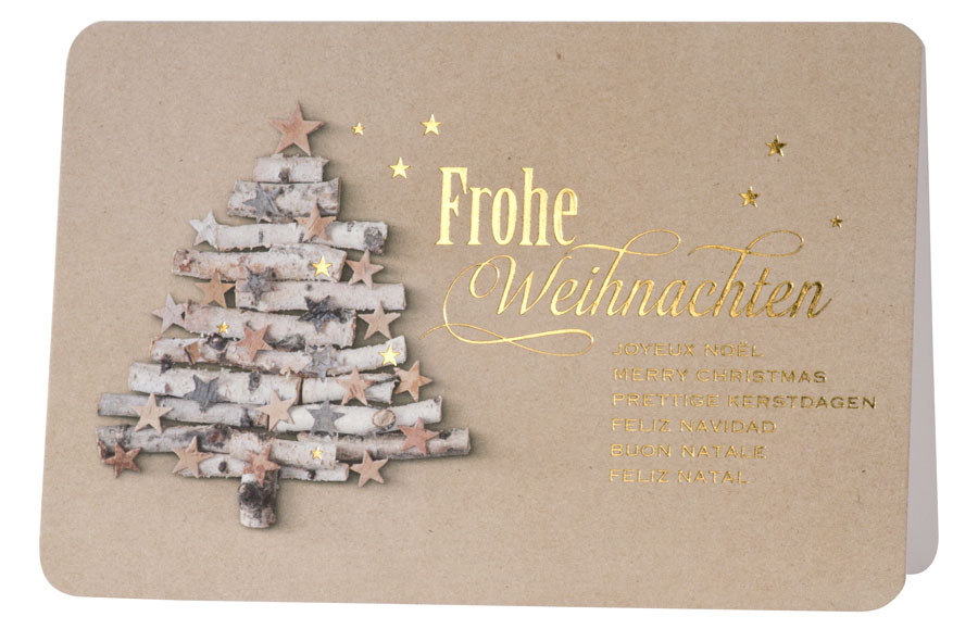 Weihnachtskarte mit Weihnachtsbaum aus Birkenholz internationale Weihnachtswünsche