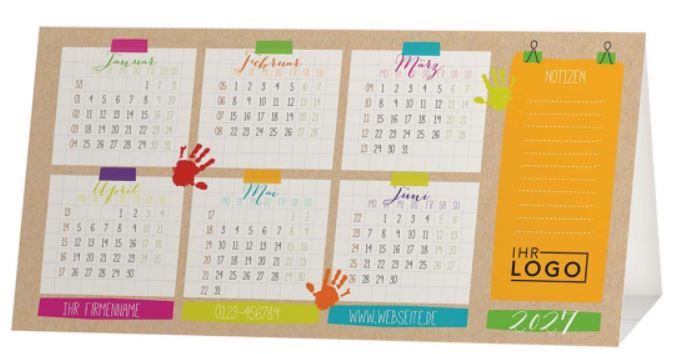Jahreskalender zum Aufstellen "Bunte Hände" mit Logoeindruck und Spende für Kinderherzen e.V.