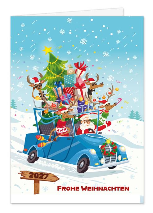 Lustige Weihnachtskarte „Santa on Tour“ mit Weihnachtsmann, Rentieren im Auto sowie Jahreszahl 2027