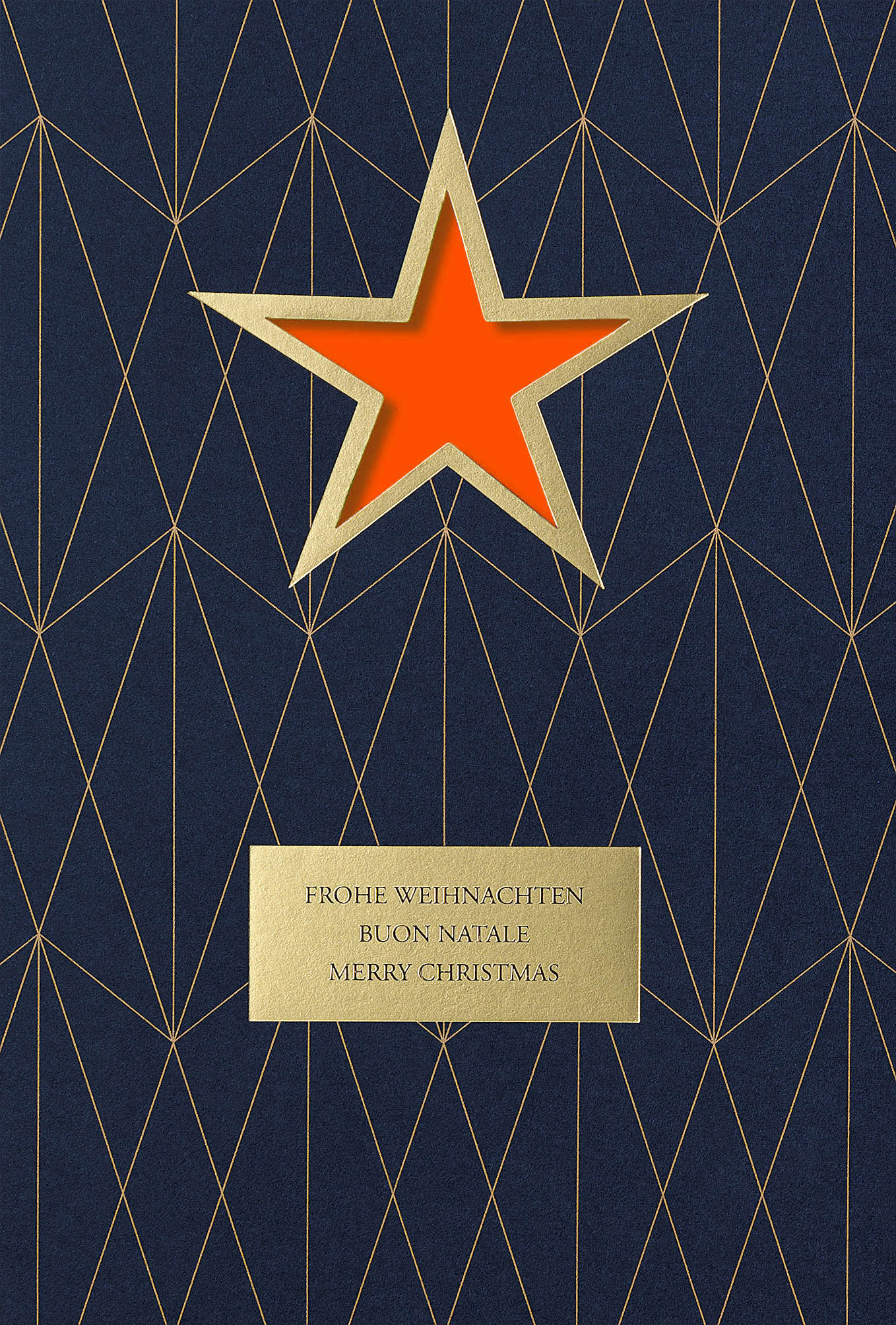 Moderne, mehrsprachige Weihnachtskarte in dunkelblau mit orangenem Einlegeblatt und Stanzung