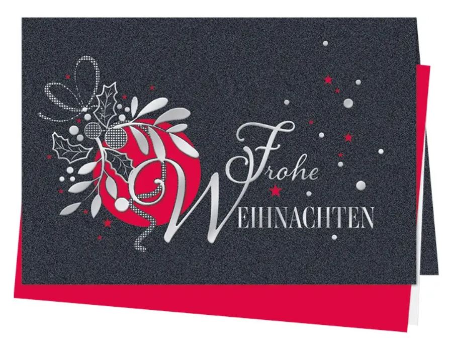 Exklusive Weihnachtskarte in anthrazit "Zauberkugel" mit Silberfolienprägung und Laserung, Einleger rot