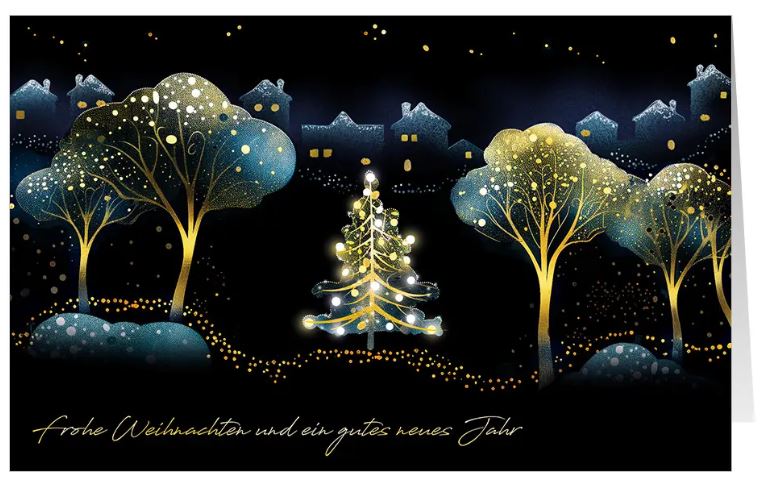 Charitykarte "Lichterzauber" für Ärzte ohne Grenzen im märchenhaften Design mit weihnachtlichen Grüßen