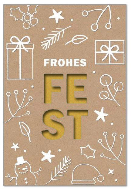 Gestanzter Festgruß mit weiß geprägten Winter-Doodles und Spende zugunsten dem Deutschen Kinderhilfswerk e.V., Einleger gold