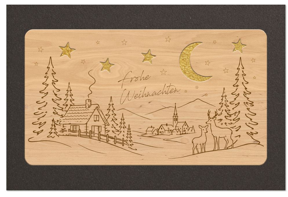 Rustikale Weihnachtskarte mit Echtholz "Winterliche Dorfidylle" mit Goldfolienprägung und Laserstanzung