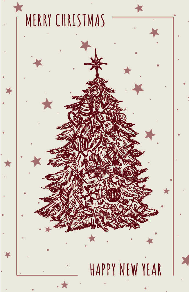Festliche Weihnachtskarte in creme "Festlicher Tannenzauber" mit geschmücktem Christbaum und Sternenhintergrund sowie englischsprachigem Gruß