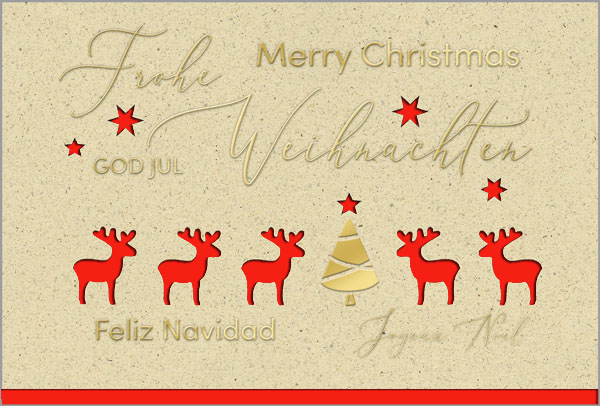 Internationale Weihnachtskarte mit Goldprägung und Stanzung, Einleger rot