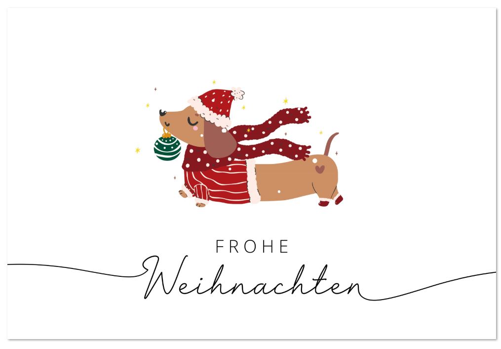 Humorvolle Weihnachtskarte mit Spendenanteil zugunsten der Kindernothilfe "Lustiger Pfotengruß" mit süßem Dackel