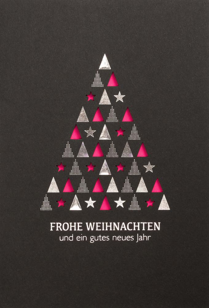 Schwarze Laserkarte mit pinkfarbenem Falteinlegeblatt, Weihnachtsgruß und Silberfoliendruck