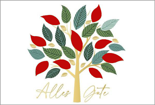 Weiße Glückwunschkarte "Lebensbaum" mit Stanzung, Goldfolienprägung und Einlegeblatt in rot