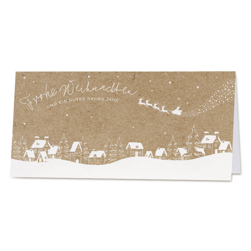 Naturbraune Winter-Weihnachtskarte mit schneebedeckten Dächern, Gruß und Santa Claus im Schlitten