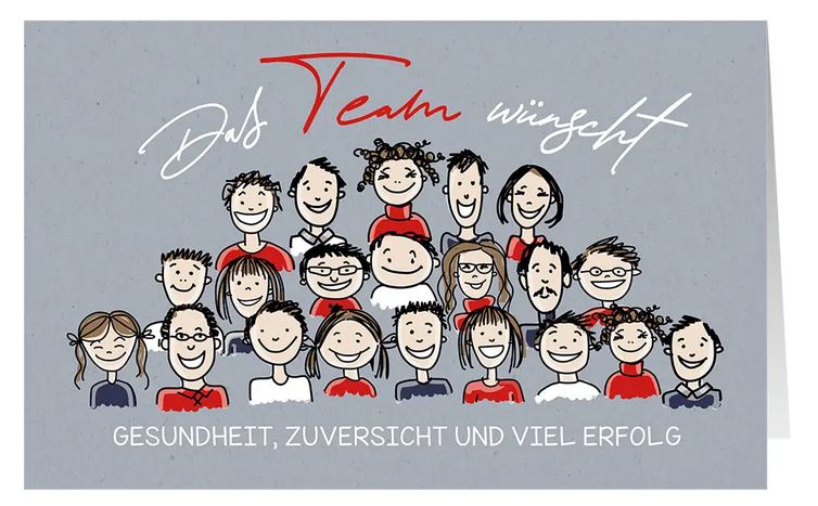 Heitere Team-Glückwunschkarte "Bunte Belegschaft" im modernen Comic-Stil mit positiven Wünschen