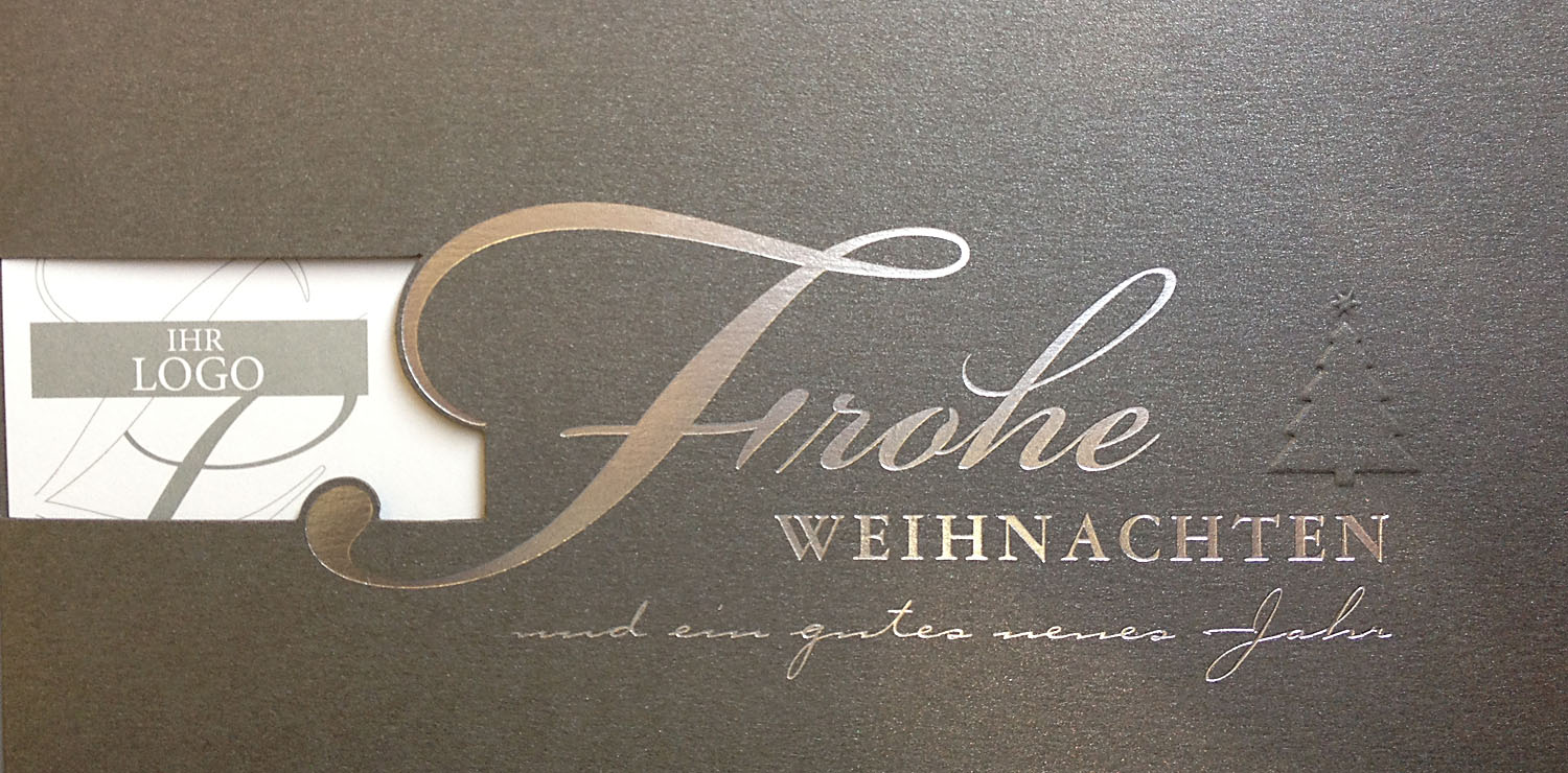 Weihnachtskarte anthrazit Frohe Weihnachten und gutes neues Jahr mit Fensterausschnitt