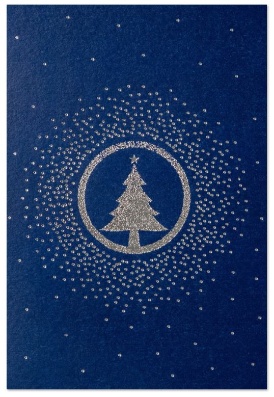 Elegante Spendenweihnachtskarte mit Weihnachtsbaum in edler Silberprägung und Spendenanteil: Kindernothilfe