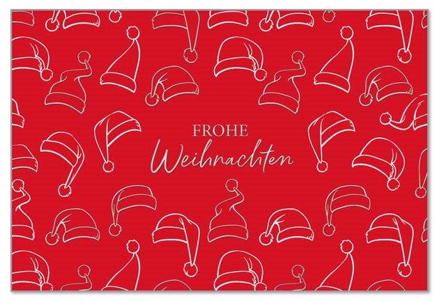 Knallrote Weihnachtskarte "Roter Mützenwirbel" mit Silberprägung und Gutem Zweck: Deutsches Kinderhilfswerk e.V.