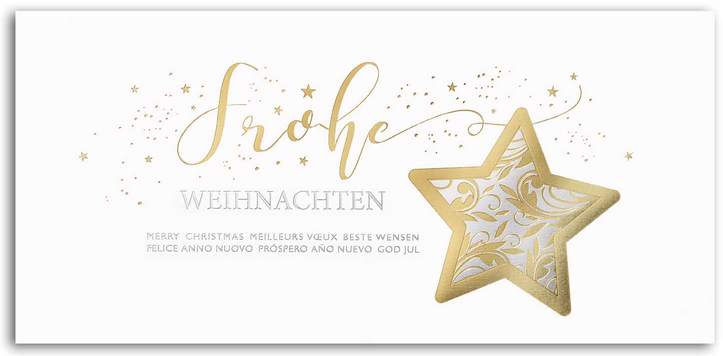 Weiße Weihnachtskarte mit internationalen Grüßen und ornamentverziertem Stern in gold