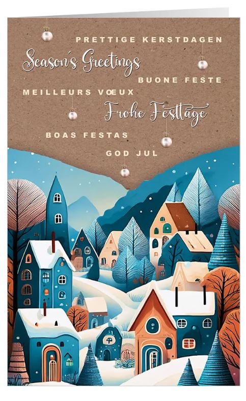 Mehrsprachige Spendenkarte "Wintermärchen" mit verschneitem Dorf und Gutem Zweck: Ärzte ohne Grenzen