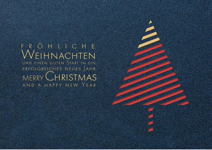 Dunkelblaue Weihnachtskarte mit goldener Folienprägung, Stanzung und Einleger in rot