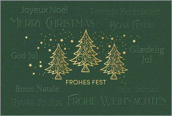 Grüne, mehrsprachige Weihnachtskarte "Weltweite Weihnachtsgrüße" mit fühlbarer Blind- und Goldfolienprägung