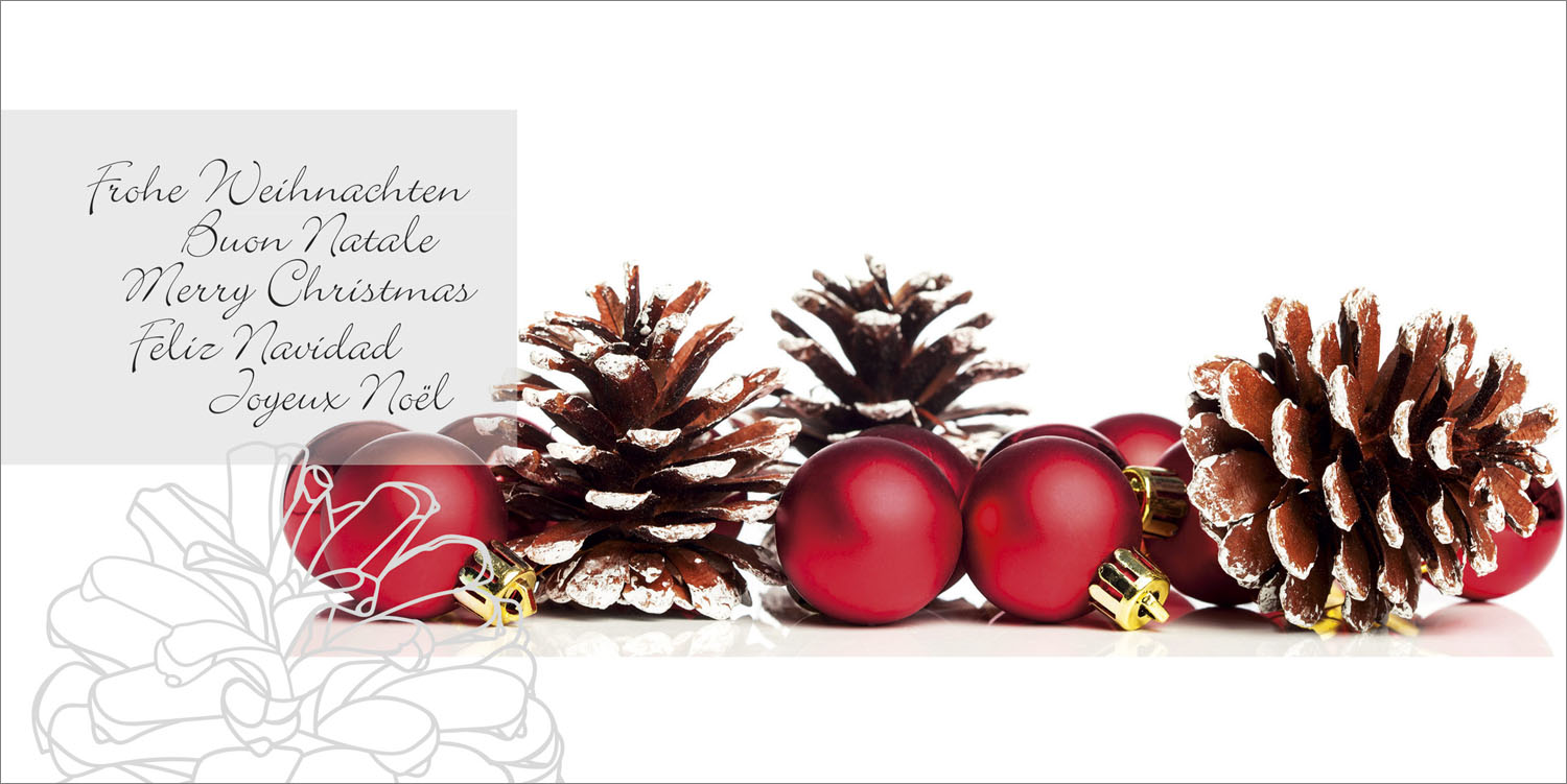 Weihnachtskarte Frohe Weihnachten mit roten Weihnachtskugeln und Tannenzapfen