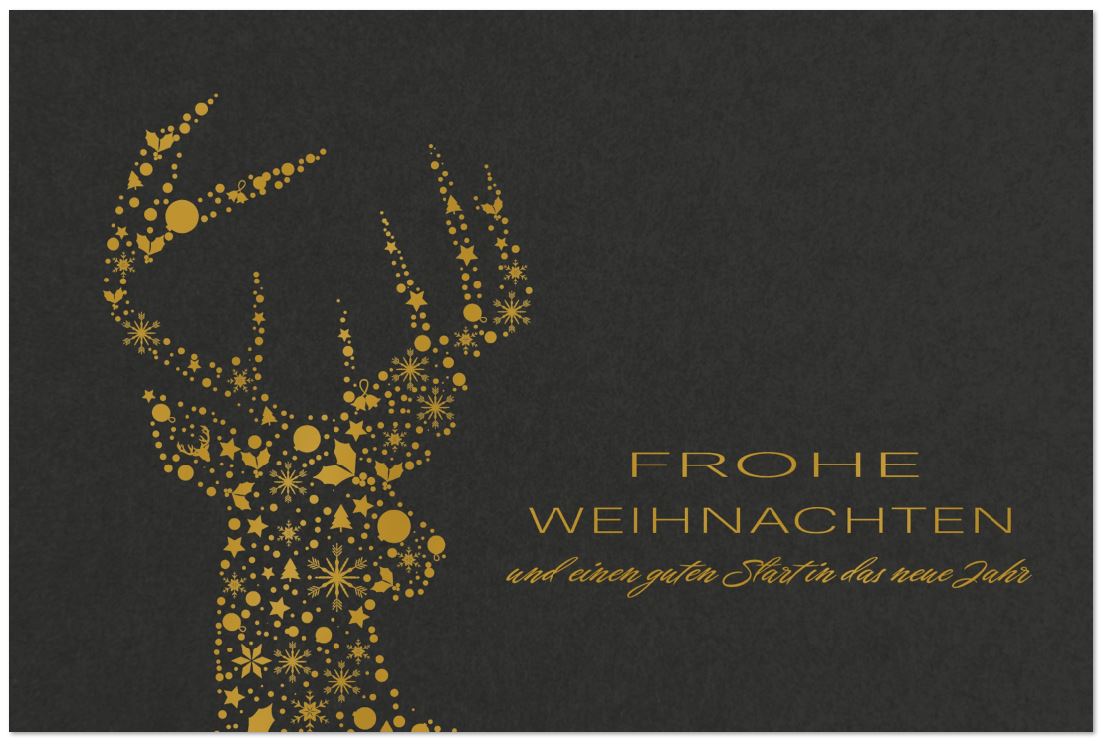 Moderne Weihnachtskarte "Glanzvolle Geweih" in Schwarz mit goldenem Hirsch und Weihnachtsgruß, inkl. Einlegeblatt